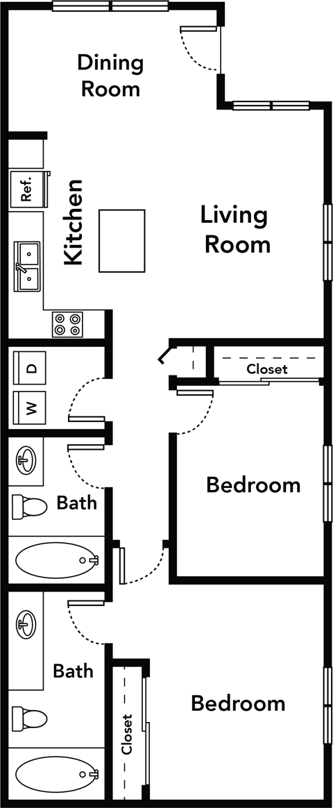 Floor plan for 2 beds, 2 baths, 1006 sqft